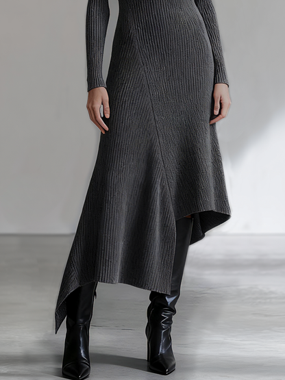 Casual Round Neck Long Sleeve Asymmetrical Hem Knitted Ribbed Maxi Dress
