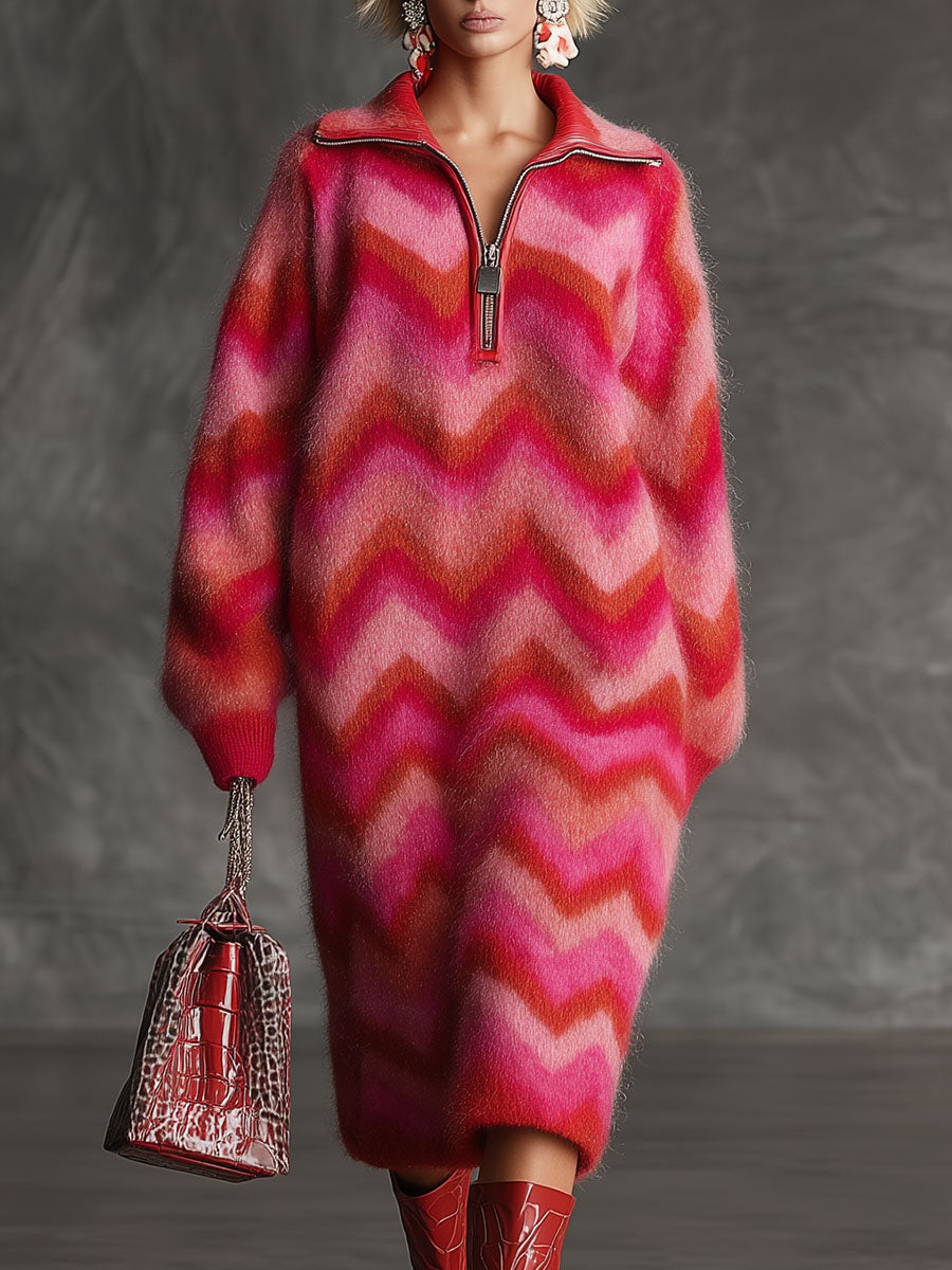 Vintage Red And Pink Zigzag Knit Collared Half-zip Midi Dress