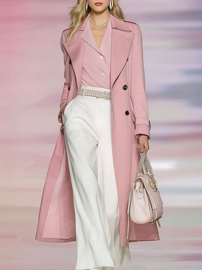 Stylish And Elegant Pink Double-breasted Long Trench Coat