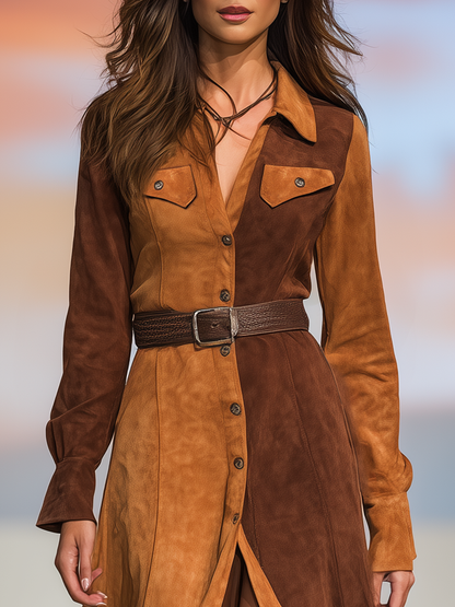 Western-style Retro Color-blocked Faux Suede Maxi Dress