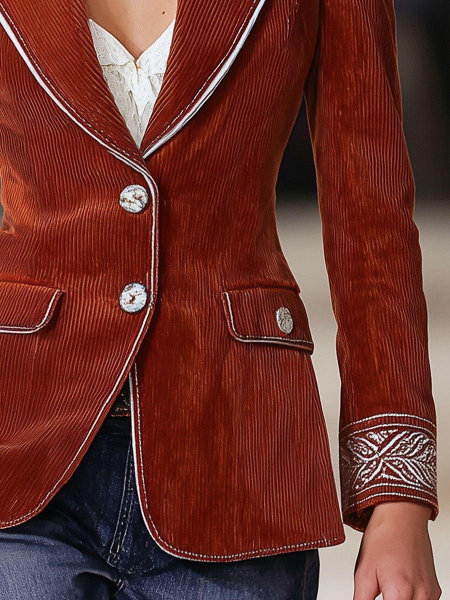 Western Corduroy Rust Red And White Ribbon Blazer