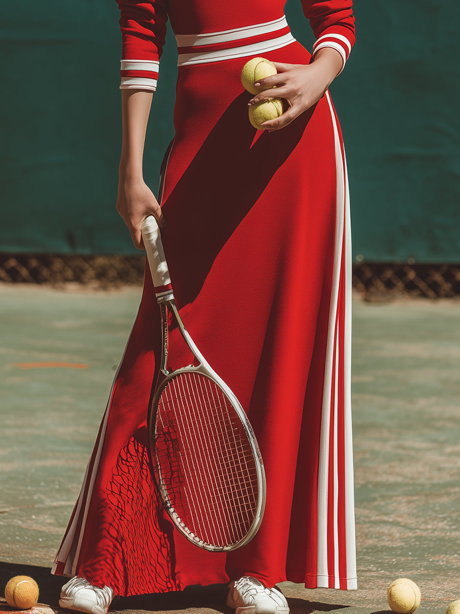 Trendy Sporty V-neck Ribbon Red Maxi Dress