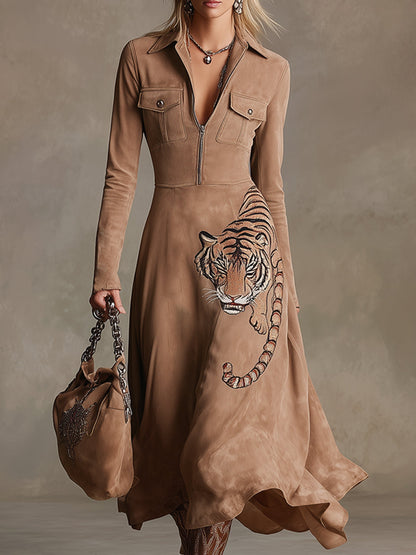 Vintage-style Wild Tiger Embroidered Khaki Lapel Faux Suede Maxi Dress