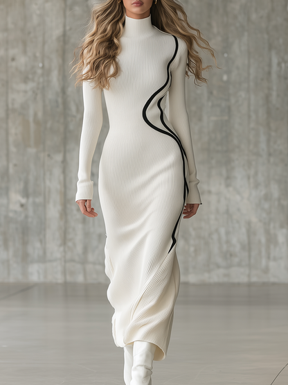 Simple High-neck Artistic-lined White Knit Maxi Dress