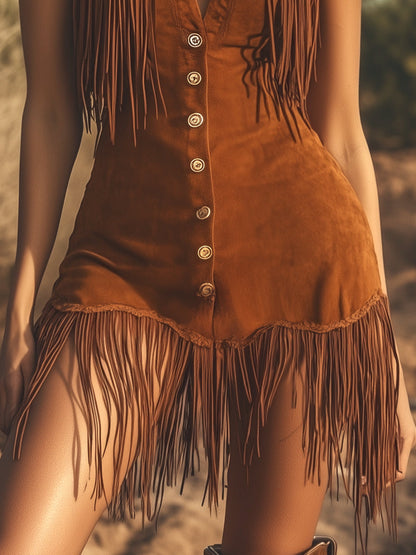 Western Vintage Brown Suede Fringe Sleeveless Mini Dress