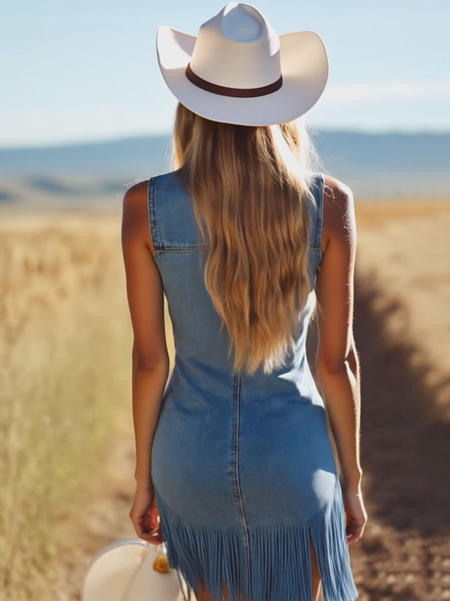 Casual Vintage Blue Denim V-Neck Tie Sleeveless Tassel Mini Dress