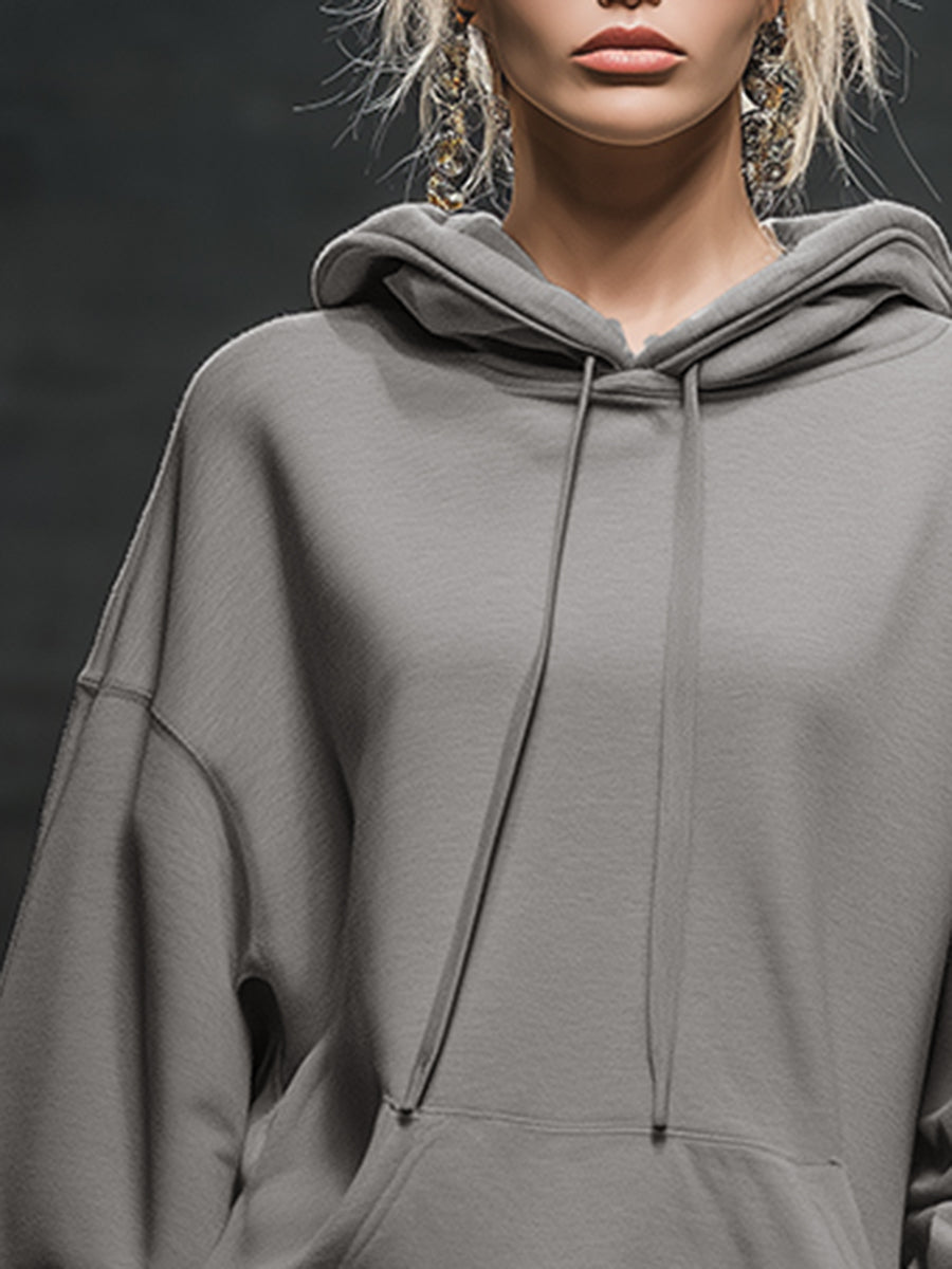 Casual And Fashionable Hooded Elastic Hem Gray Sweatshirt Mini Dress