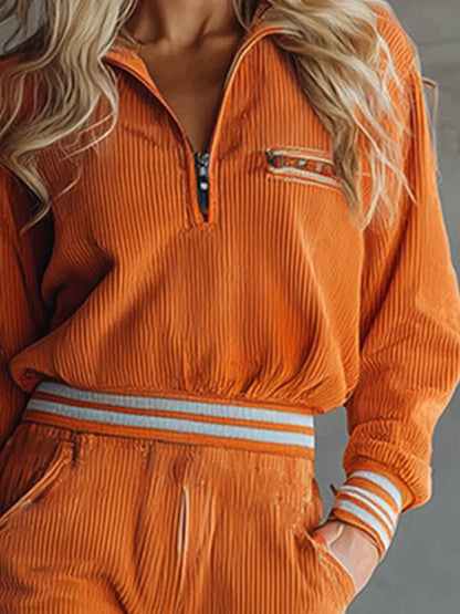 Trendy Sporty Orange Corduroy Half-zip Top And Wide-leg Pants Casual Set