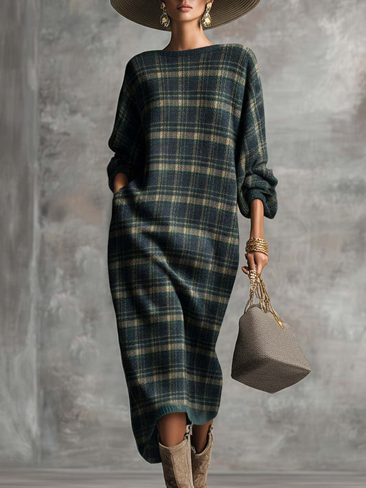 Vintage Fashion Loose-fitting Round Neck Green Plaid Midi Dress