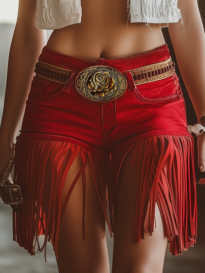 Western Vintage Red Tassel Shorts