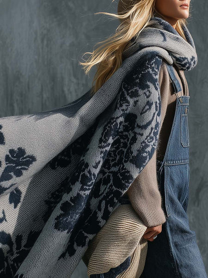 Thick Warm And Comfortable Vinatge Western Floral Pattern Grey Knit Scarf Shawl