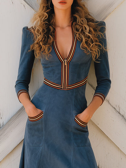 Western Retro Web Trim V-Neck Zipper Blue Faux Suede Long Sleeve Midi Dress