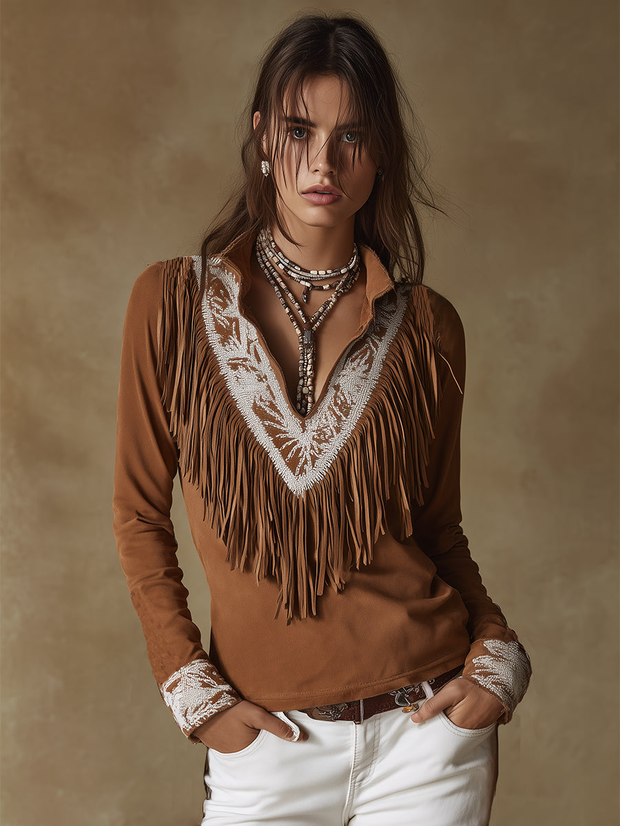Vintage Western Style Exquisite Embroidered Tassel Brown Faux Suede Shirt