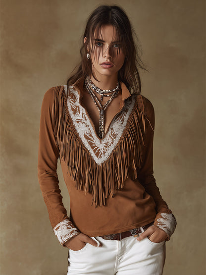 Vintage Western Style Exquisite Embroidered Tassel Brown Faux Suede Shirt