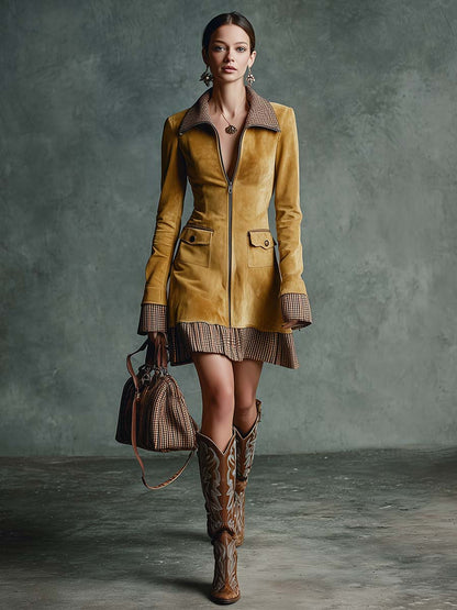 Vintage Elegant Western Lapel Front Zipper Plaid Ruffled Hem Gold Eco-friendly Suede Mini Dress
