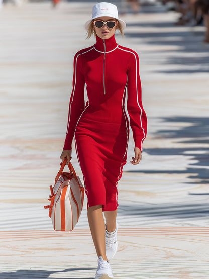 Stylish And Casual White-trimmed Turtleneck Zip-up Red Knit Midi Dress
