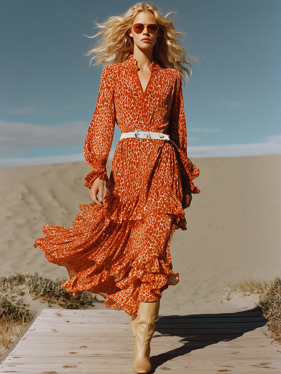 Stylish And Casual Ruffle Trim Orange Leopard Print Chiffon Maxi Dress