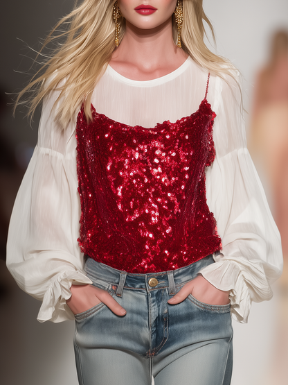Stylish And Elegant Chiffon Blouse And Sequined Camisole Two-piece Set