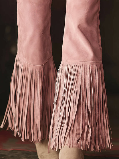 Western-style Pink Faux Suede Patchwork Tassel Pocket Zipper Trousers