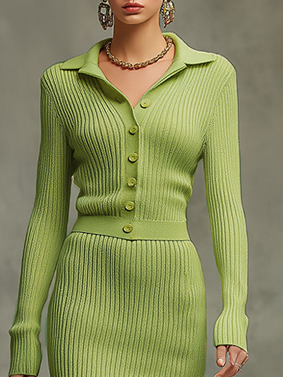 Trendy Retro Yellow-green Long-sleeved Knit Cardigan And Slit Skirt Set