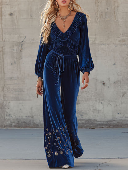 Western-style V-neck Ruffled Floral Embroidered Velvet Jumpsuit