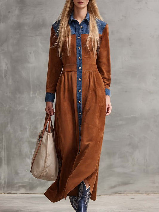 Western Retro Lapel Front Button Blue Denim Trim Brown Faux Suede Maxi Dress