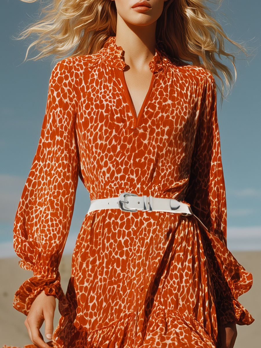 Stylish And Casual Ruffle Trim Orange Leopard Print Chiffon Maxi Dress