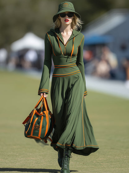 Stylish And Casual Orange-trimmed Green Hooded Sporty Maxi Dress