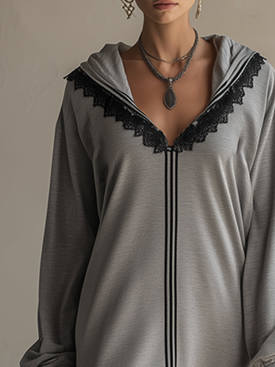 Stylish Sporty Lace-trimmed Grey Hooded Sweatshirt Maxi Dress