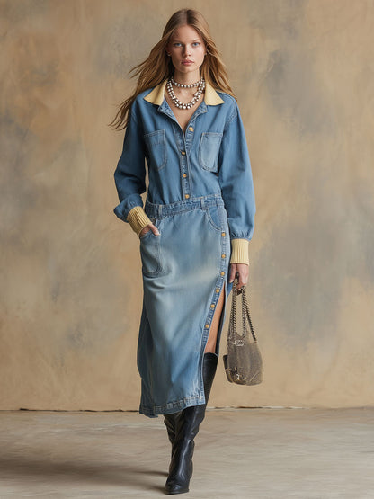 Casual Retro Distressed Blue Denim Long-sleeved Slit Midi Dress