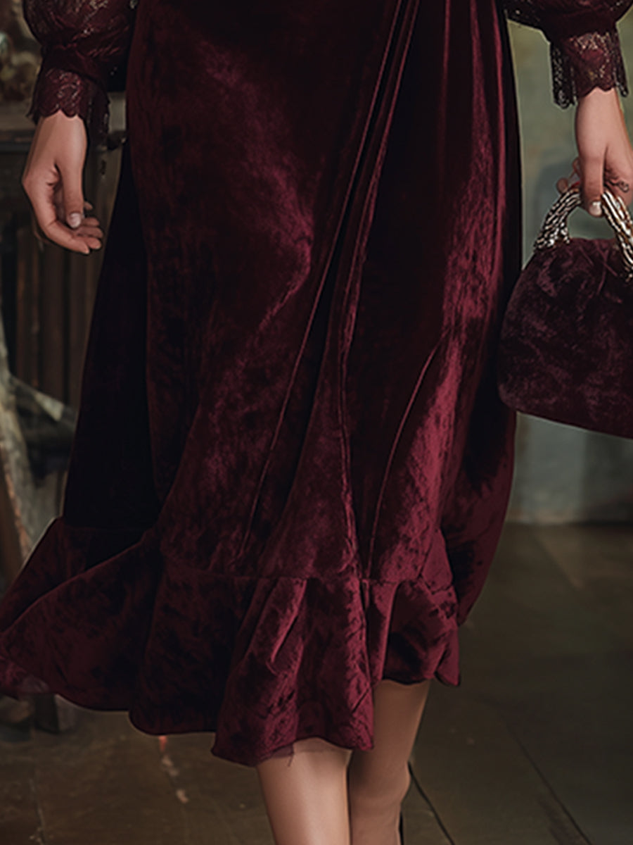 Vintage-style Exquisite Burgundy Velvet Lace Long-sleeved Maxi Dress