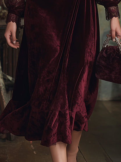 Vintage-style Exquisite Burgundy Velvet Lace Long-sleeved Maxi Dress