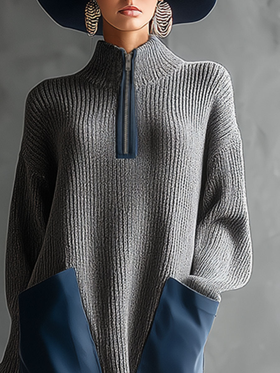 Casual Retro Blue Faux Leather Large Pocket Gray Knit Midi Dress