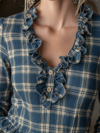Trendy Retro Blue And Beige Plaid V-neck Ruffled Shirt