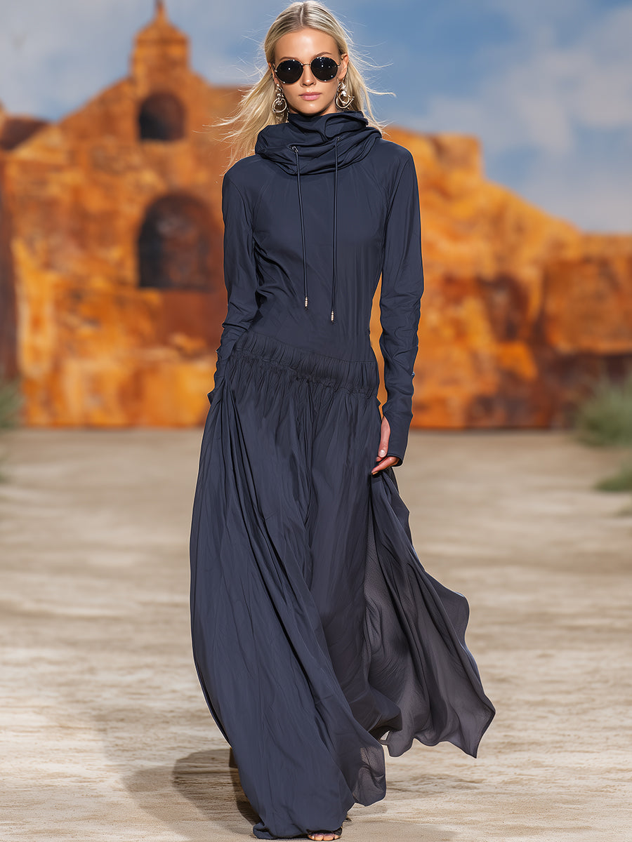 Casual Retro High-neck Dark Blue Hooded Sporty Maxi Dress
