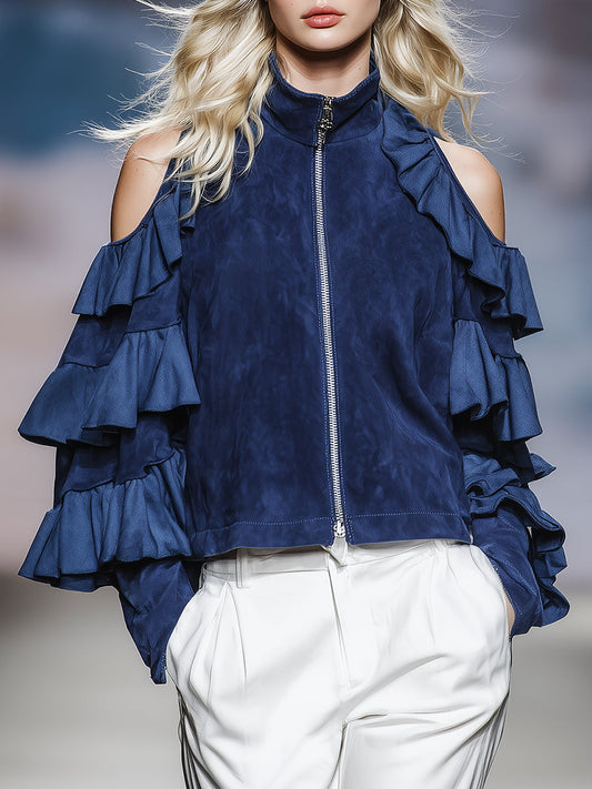 Romantic Ruffled Off-shoulder Blue Faux Suede Jacket