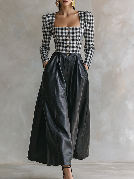 Stylish Retro Plaid Patchwork Faux Leather A-line Maxi Dress