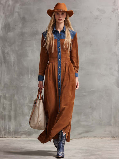 Western Retro Lapel Front Button Blue Denim Trim Brown Faux Suede Maxi Dress