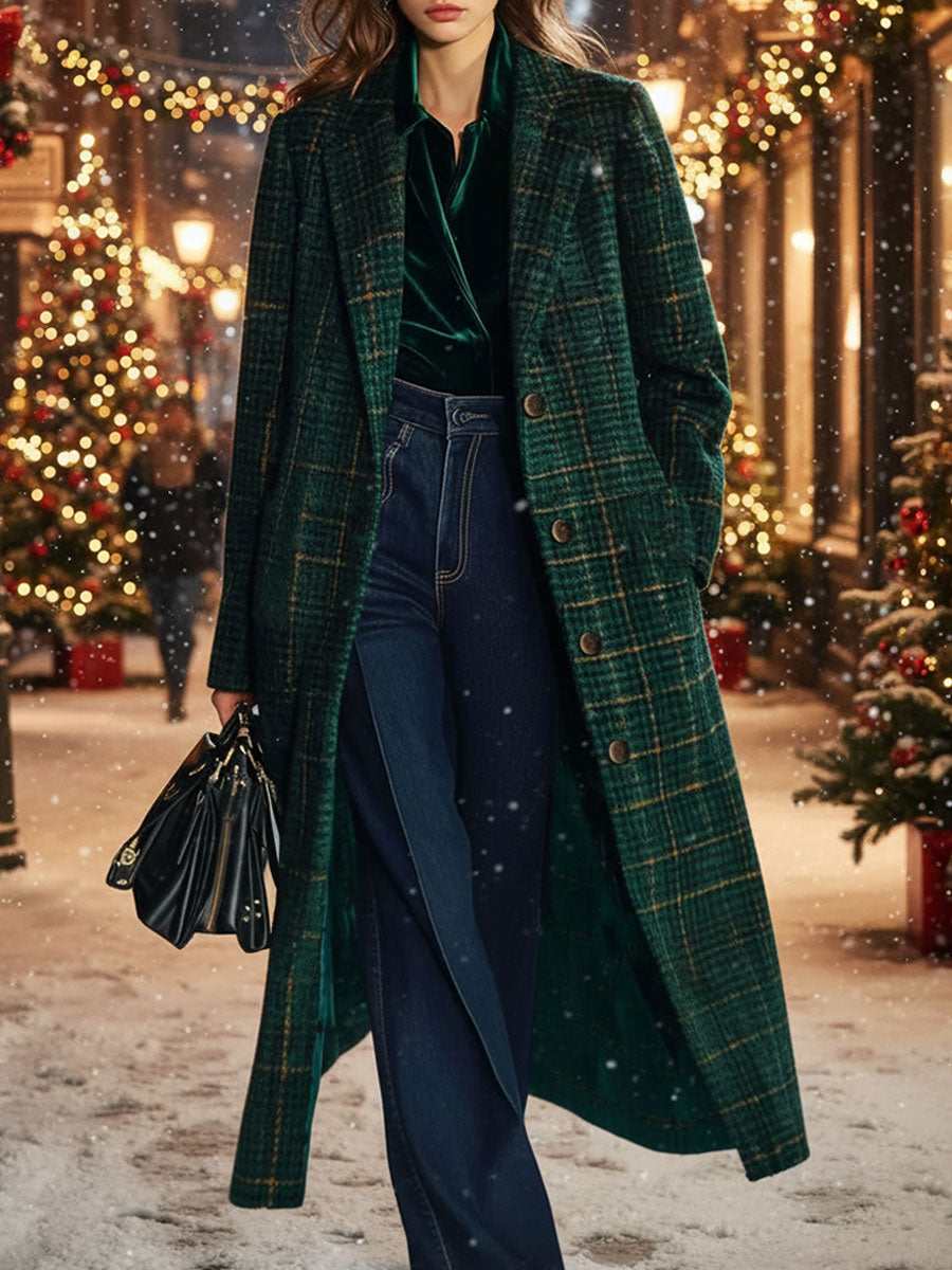 Casual Loose Retro Pocket Woolen Plaid Mid-Length Coat