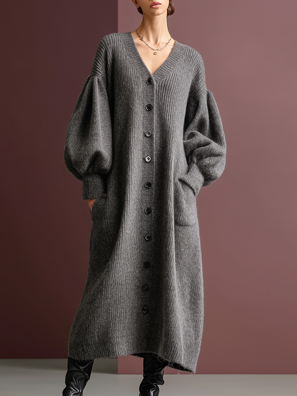 Simple Loose-fitting V-neck Gray Knitted Long Cardigan