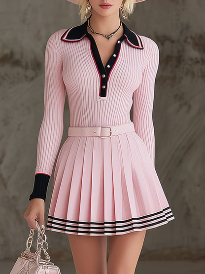 Sporty Retro Black Color-blocked Pink Knit Sweater And Pleated Skirt Set