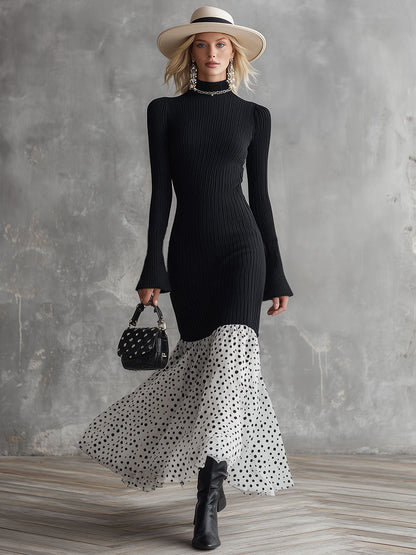 Stylish And Elegant White Polka Dot Chiffon Black Knit Maxi Dress