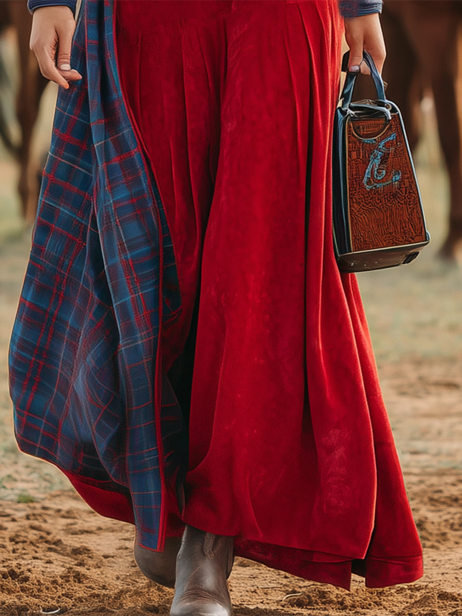 Western-style Red Faux Suede Patchwork Plaid Maxi Dress