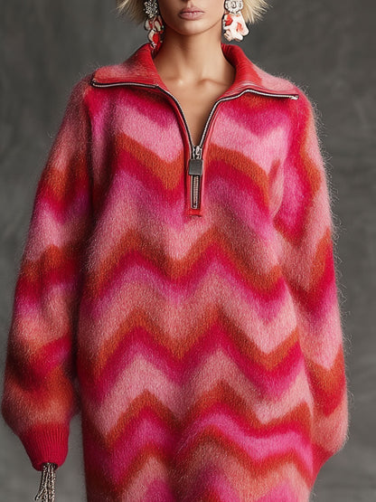 Vintage Red And Pink Zigzag Knit Collared Half-zip Midi Dress