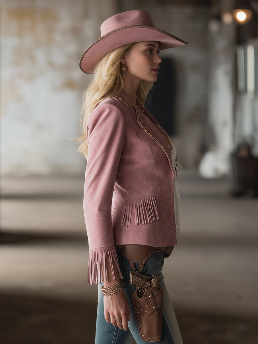 Stylish Urban Pink Faux Suede Fringed Slim-fit Blazer