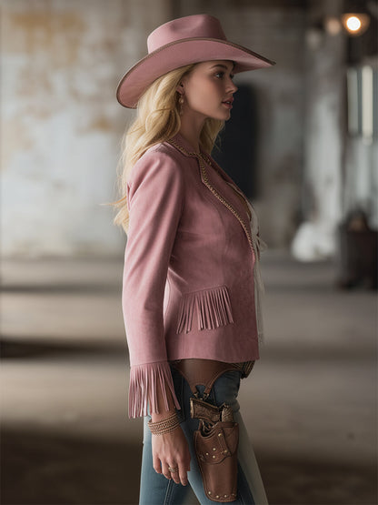 Stylish Urban Pink Faux Suede Fringed Slim-fit Blazer