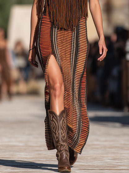 Western Retro Colorful Striped Knitted Tassel Hooded Slit Maxi Dress