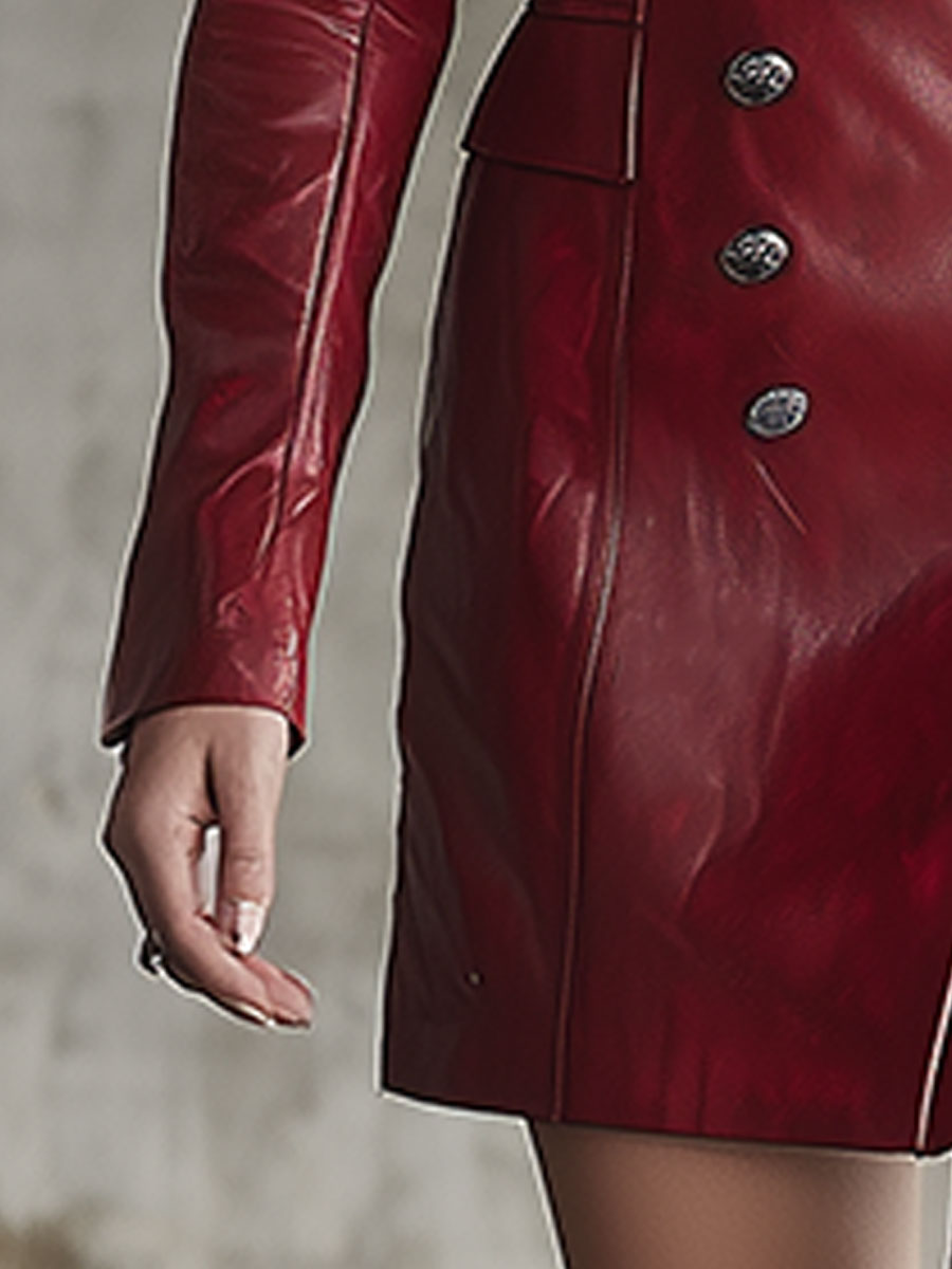 Stylish Retro-style Red Double-breasted Faux Leather Mini Dress