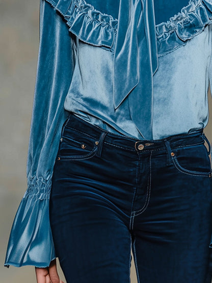 Bow Tie Ruffle Velvet Long-sleeved Shirt