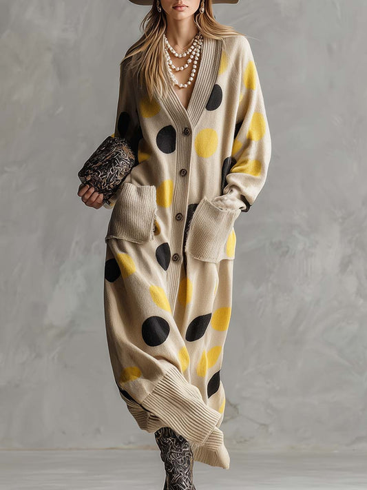 Vintage Fashion V-neck Front Button Yellow And Black Polka Dot Beige Knitted Dress Cardigan